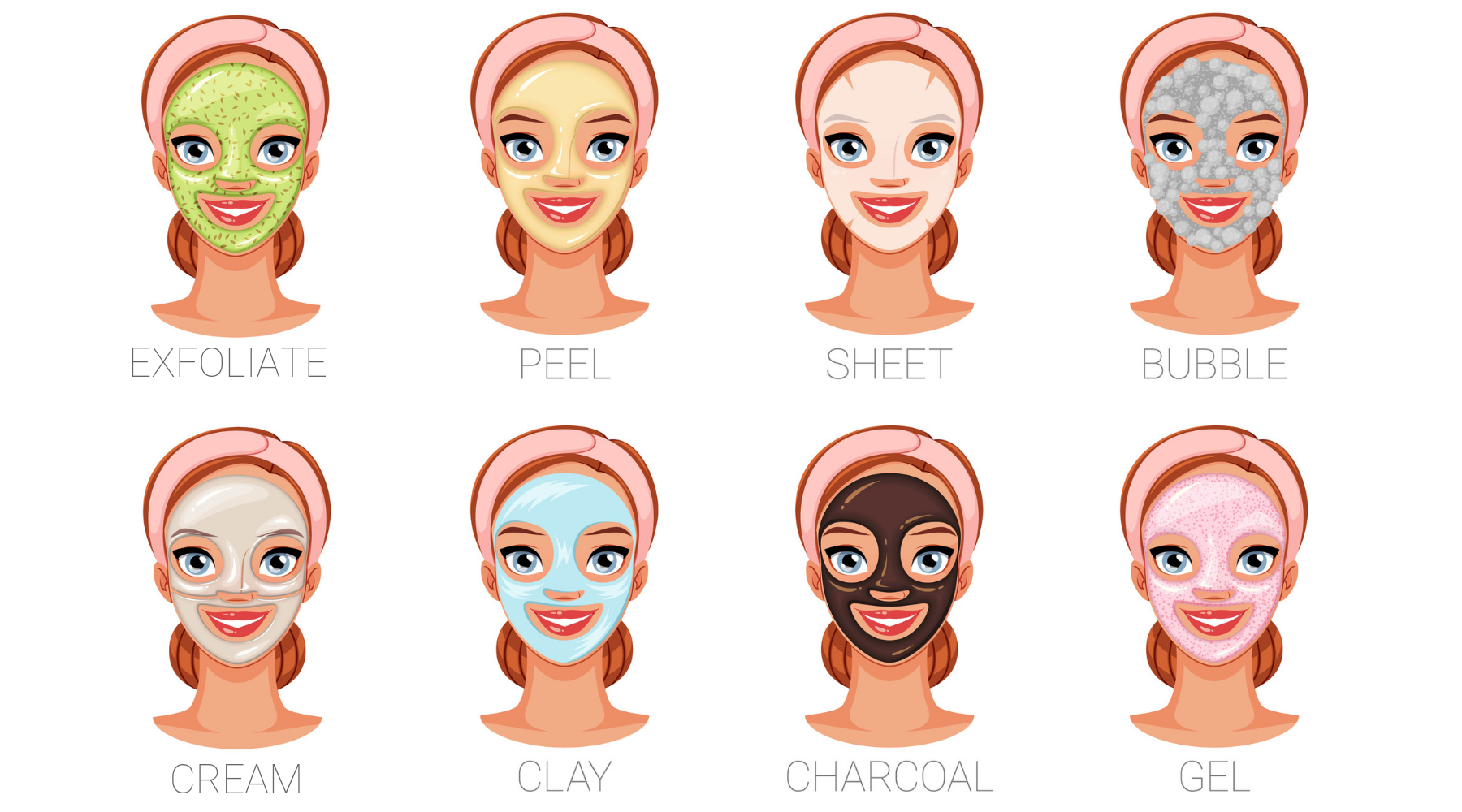 Different facial/face mask types for skin types: clay, bubble masks, exfoliating masks, gel masks, cream masks, bubble masks, peel masks, sheet masks and which ones are better for your skin type